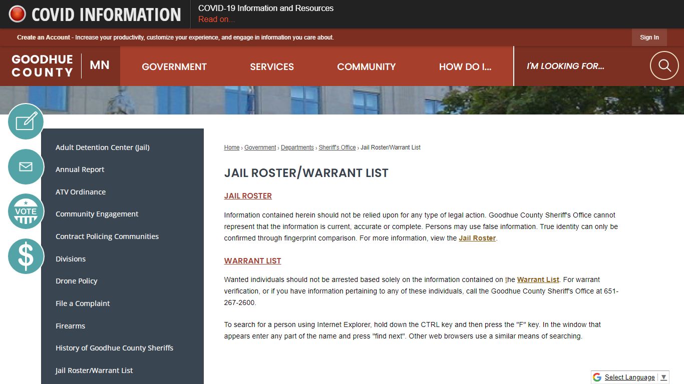 Jail Roster/Warrant List | Goodhue County, MN - Official Website